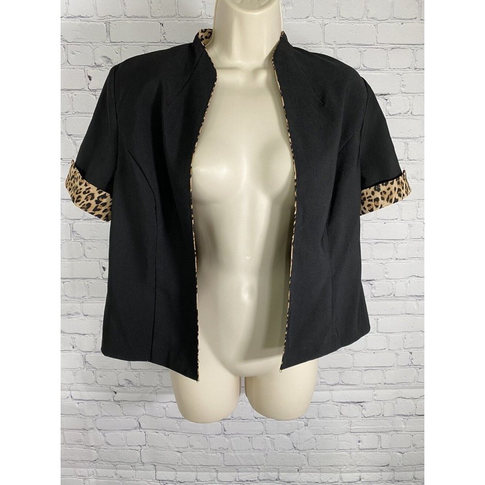 VTG Sheri Martin Petite Black Cheetah Print Short Sleeve Open Front Jacket 8P